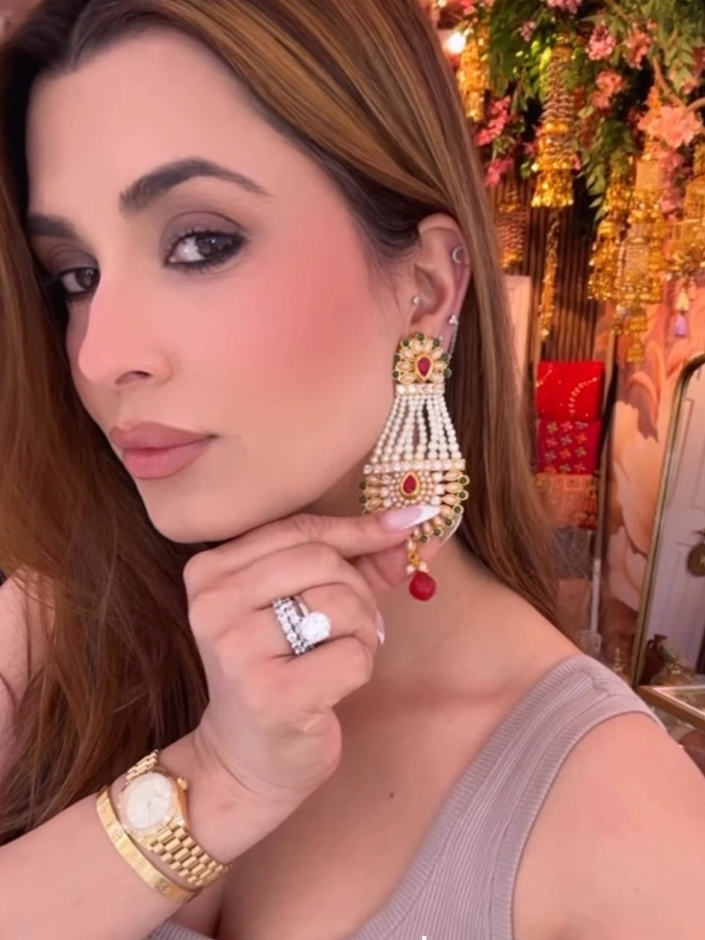 Gold and Red Pearl Chandbali Earrings - Designer Style